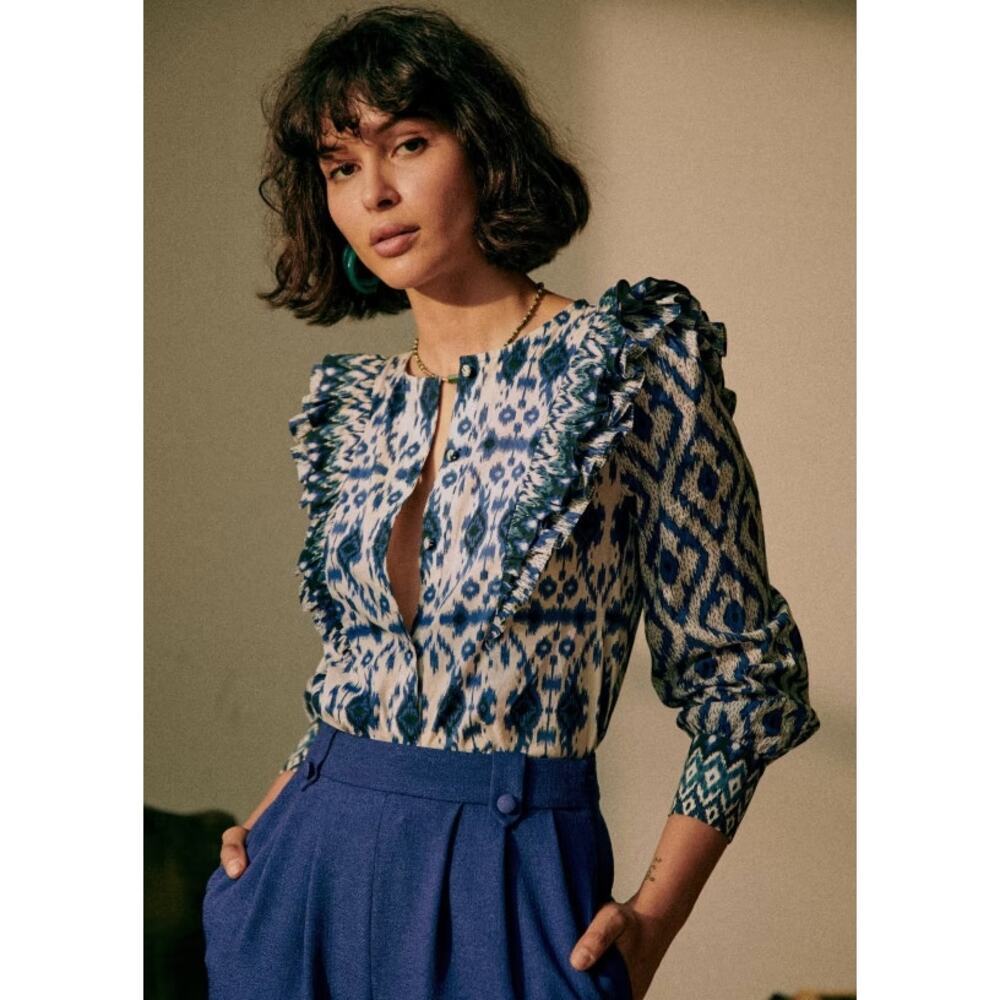 Sézane Boby Ruffled Blue Long Sleeve Blouse French Size 36 US Size 4
